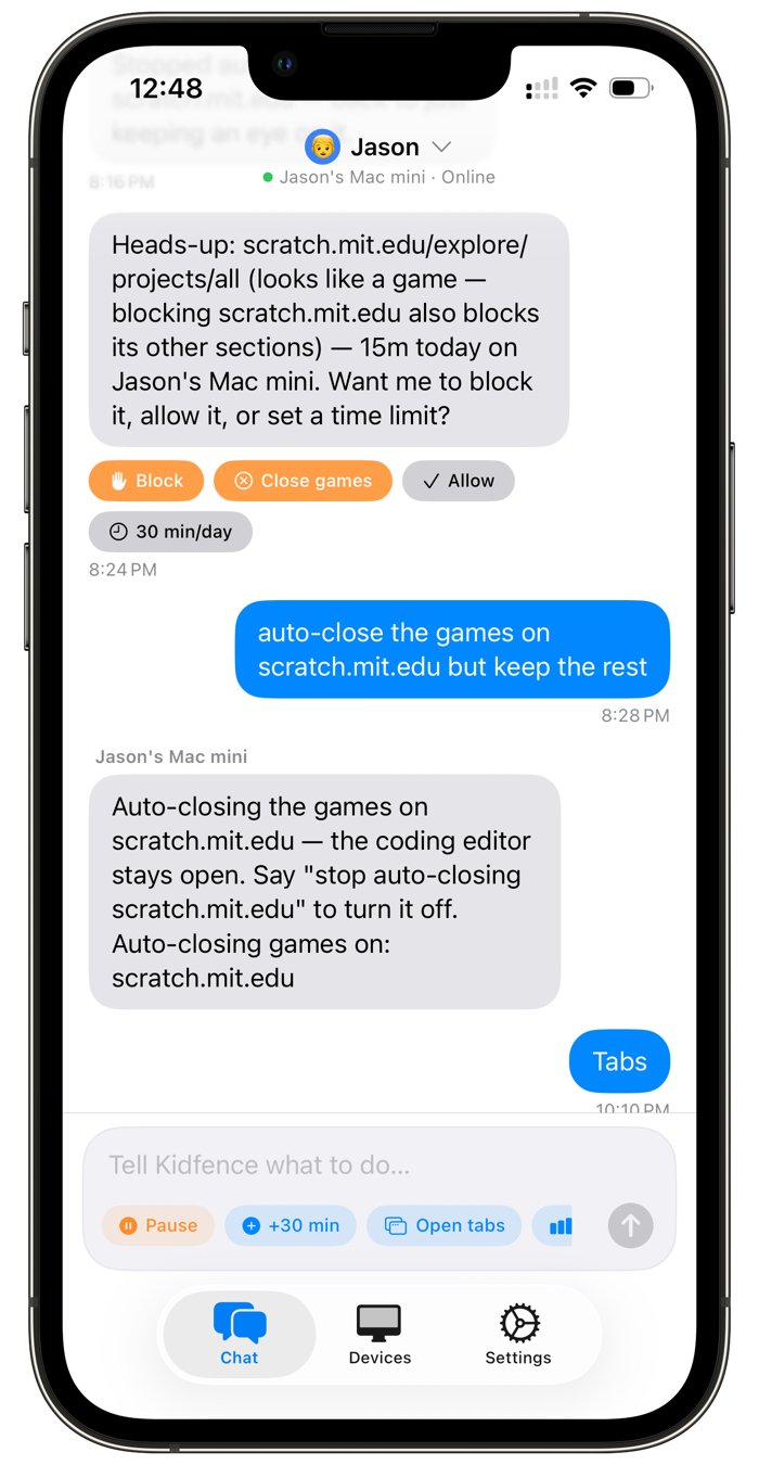 The Kidfence parent app, controlling the kid's Mac by texting in plain English, with quick actions to pause, grant time, and see open tabs.